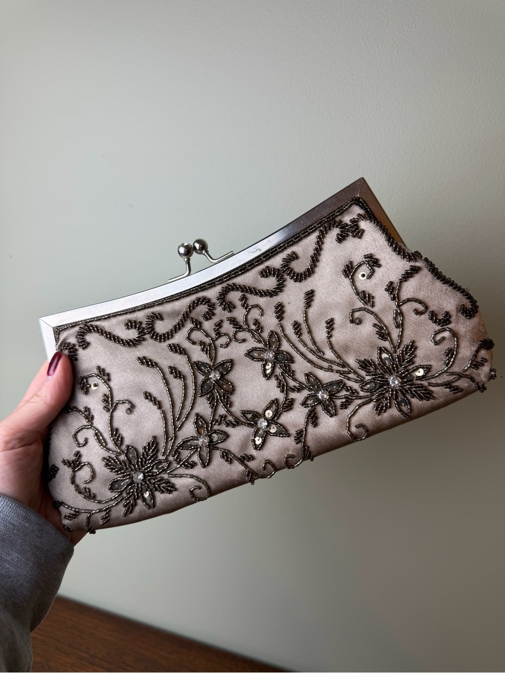 Beaded Floral Evening Clutch, Taupe Satin, Rhinestone Accents, Chain Strap